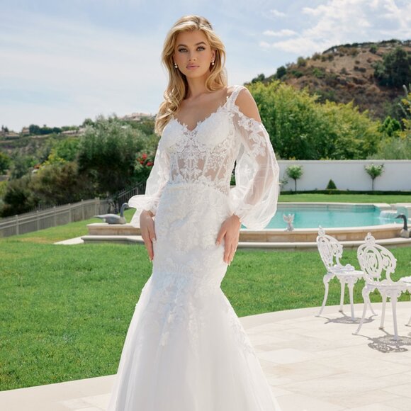 New Cold-Shoulder Off White Maxi Wedding Mermaid Gown w/ Floral Lace NX JE983L - Picture 3 of 8